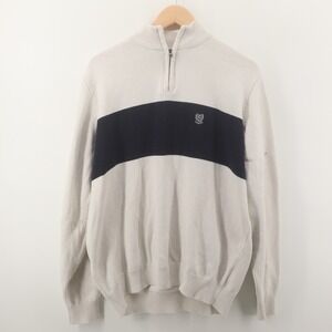 Chaps Quarter Zip Sweater Mens XL Cream Navy Blue Stripe Preppy Y2K‎ Logo Good